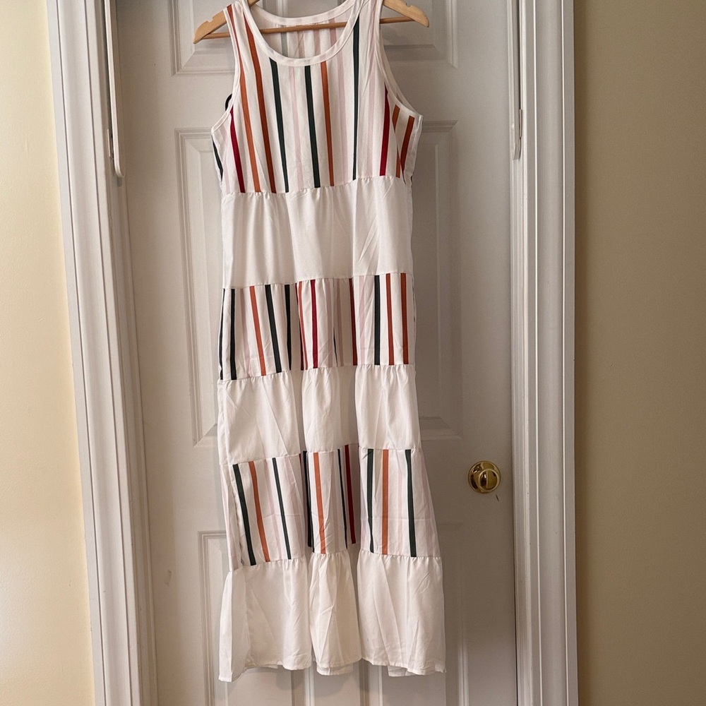 White Tiered BOHO Maxi Dress with Multi-Color Stripes🌸